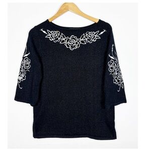 Bob Mackie Wearable Art Black Metallic Floral Embroidered 3/4 Sleeve Top Small